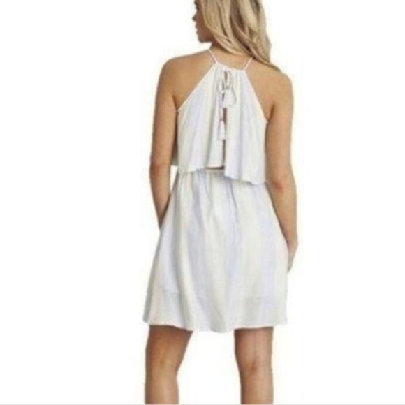 Lauren James Dress Blue White Stripe Open Back Halter Ruffle Flirty Mini Dress S - Picture 2 of 9